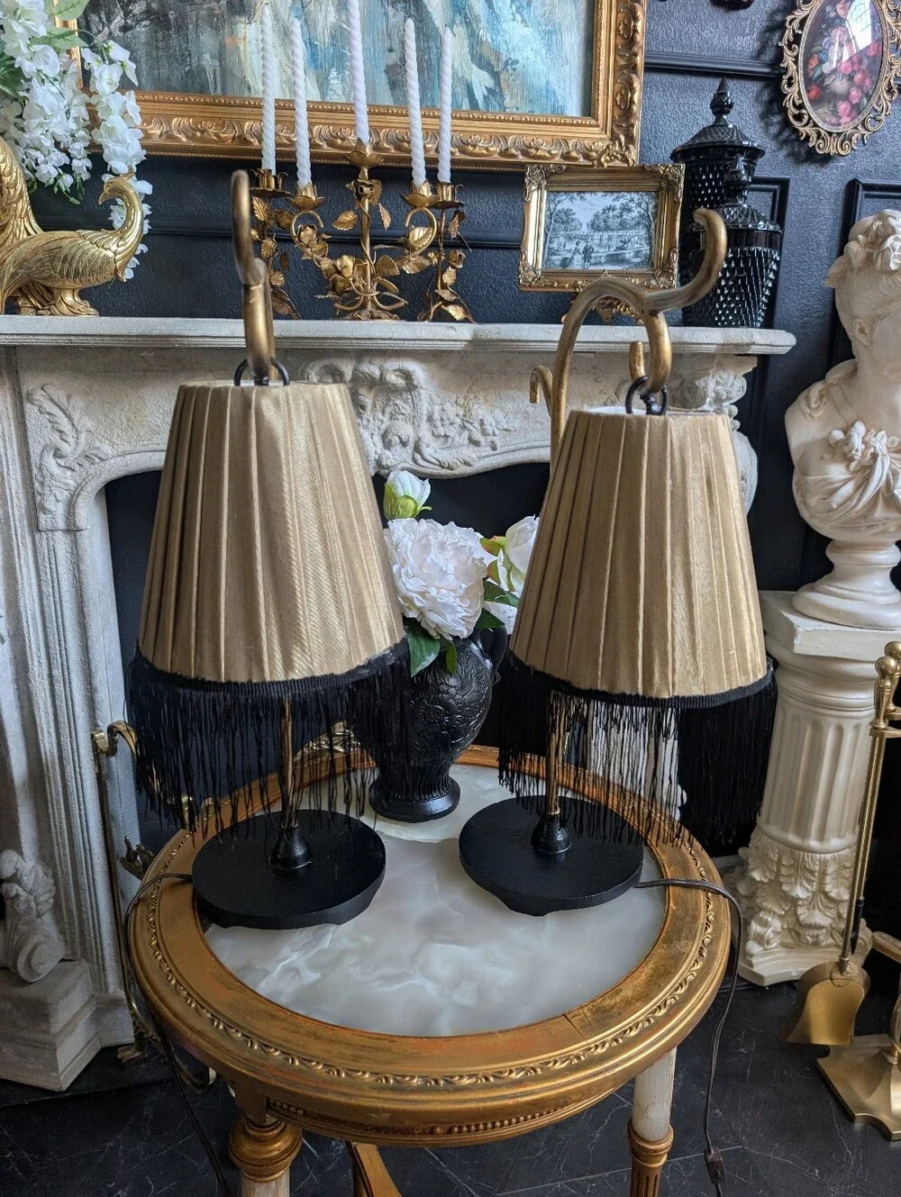 Vintage, set of 2,  Cast Metal Black/Gold bridge-style table lamp w/ Fringe